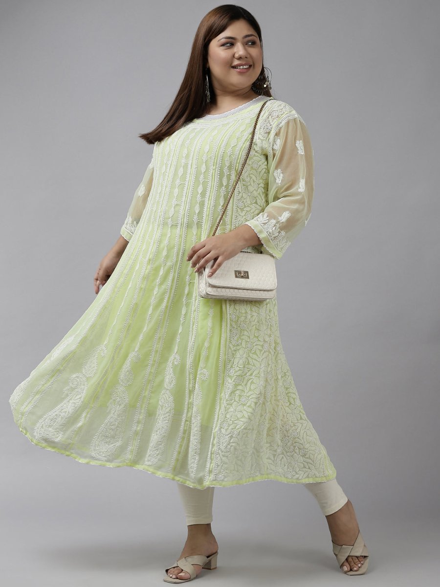 ADA Women Lime Green & White Ethnic Motifs Plus Size Chikankari Georgette Anarkali Kurta