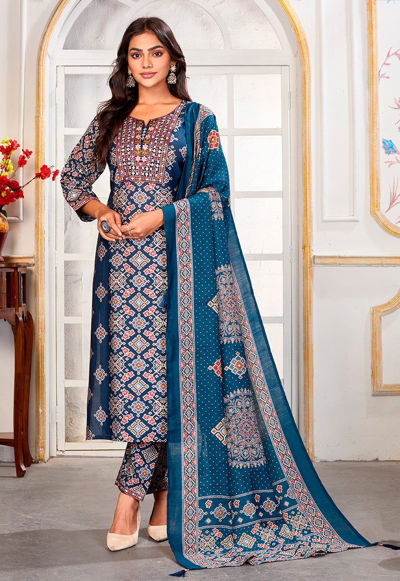 Monjolika Fashion Teal Blue Chanderi Embroidered Work Party Pant Style Suit