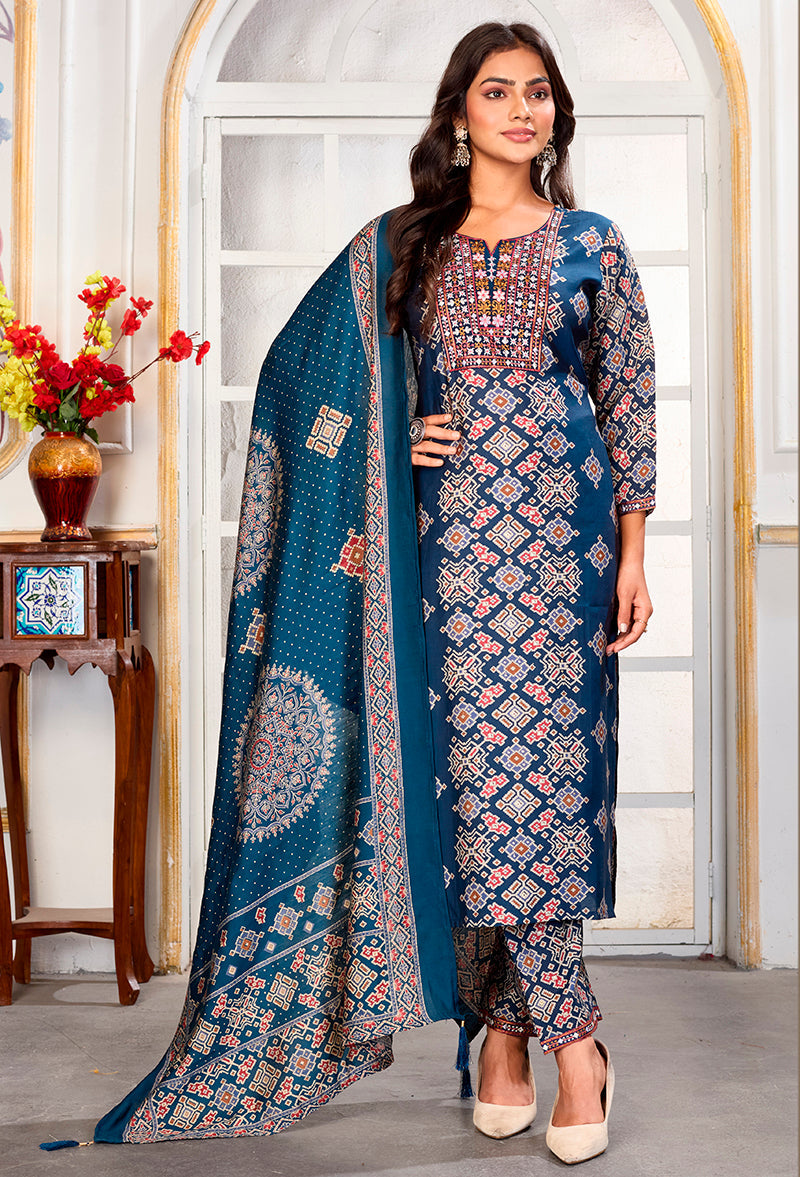 Monjolika Fashion Teal Blue Chanderi Embroidered Work Party Pant Style Suit