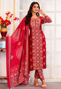 Monjolika Fashion Red Chanderi Embroidered Work Party Pant Style Suit