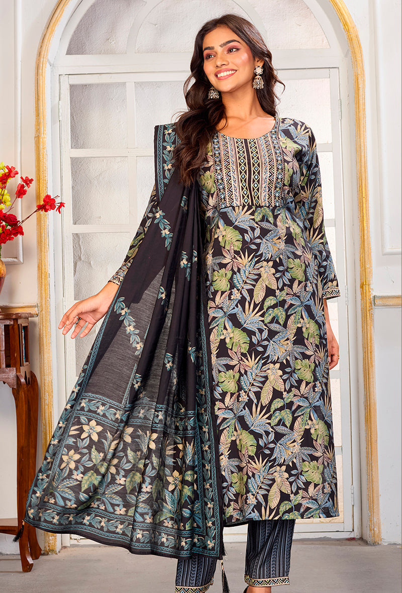 Monjolika Fashion Black Chanderi Embroidered Work Party Pant Style Suit