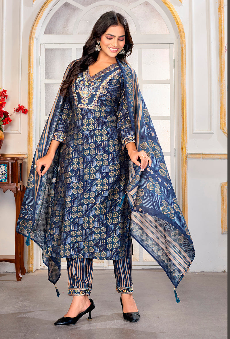 Monjolika Fashion Blue Chanderi Embroidered Work Party Pant Style Suit