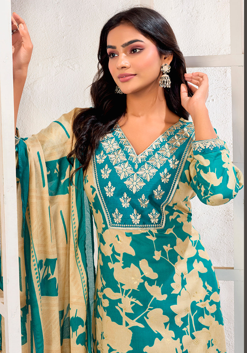 Monjolika Fashion Dark Grey Chanderi Silk Embroidered Work Party Pant Style Suit