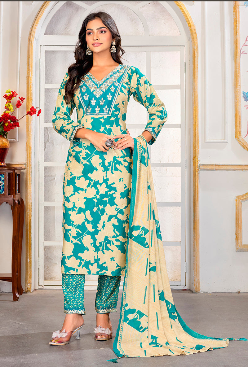 Monjolika Fashion Sky Blue Rayon Embroidered Work Party Pant Style Suit