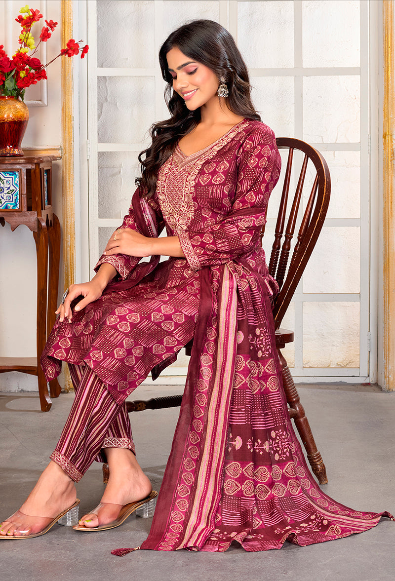 Monjolika Fashion Crimson Chanderi Silk Embroidered Work Party Pant Style Suit