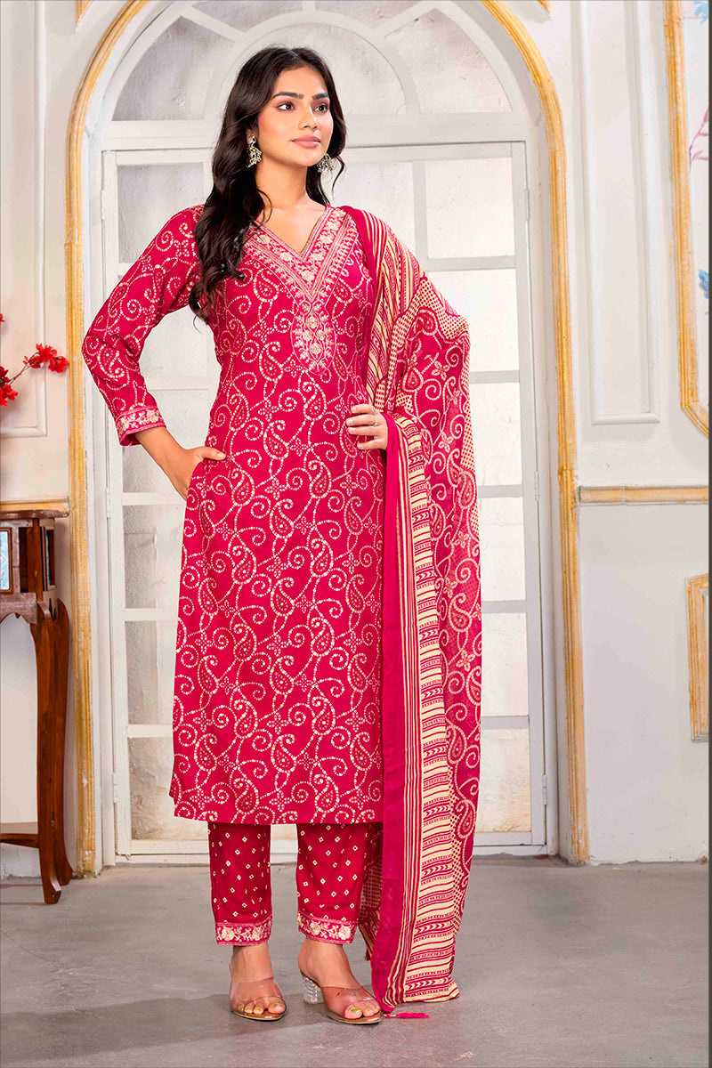 Monjolika Fashion Pink Rayon Printed Party Wear Pant Style Suit