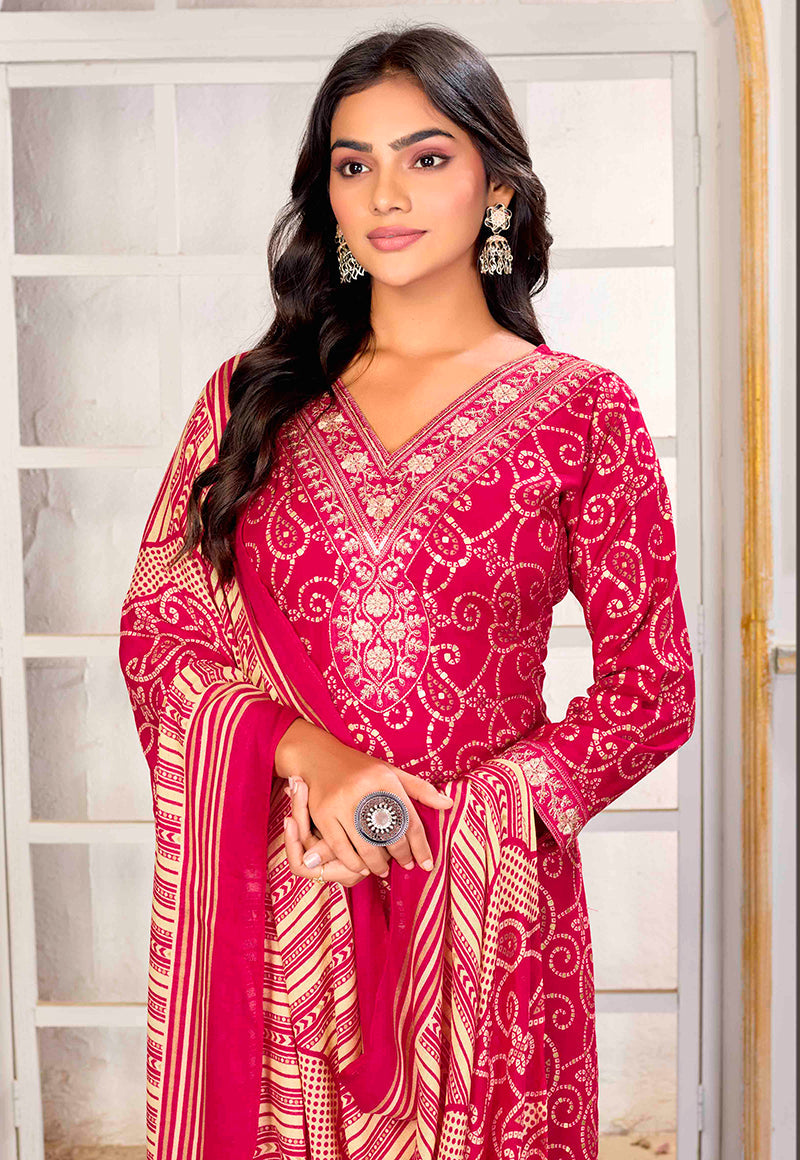 Monjolika Fashion Pink Rayon Printed Party Wear Pant Style Suit