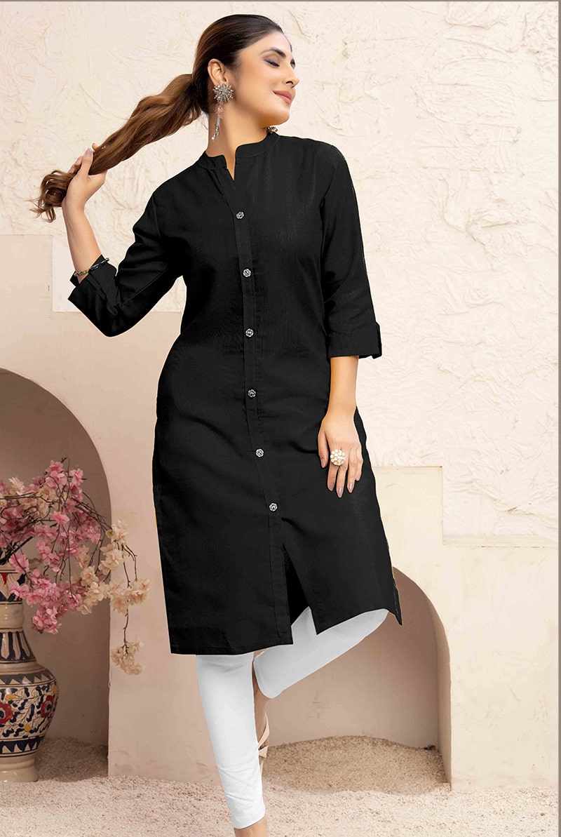 Monjolika Fashion Black Color Cotton Casual Kurti With Pocket