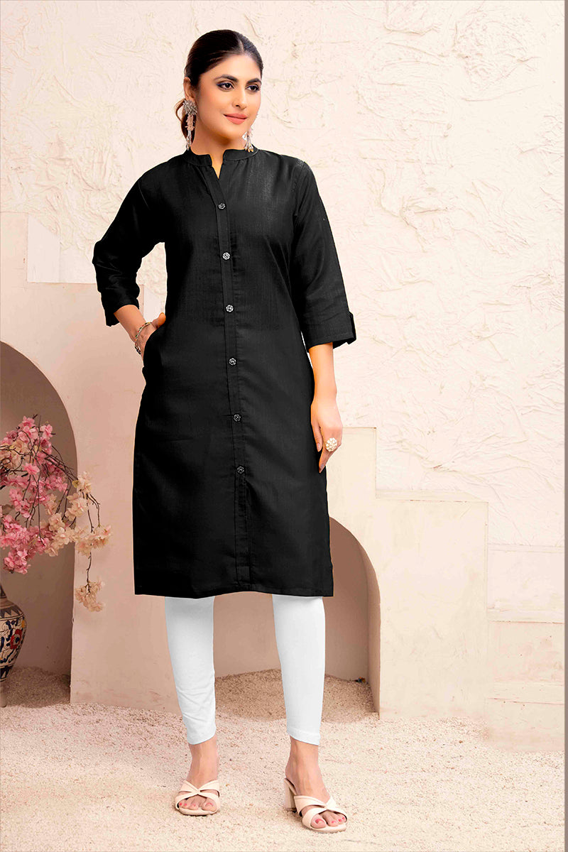 Monjolika Fashion Black Color Cotton Casual Kurti With Pocket