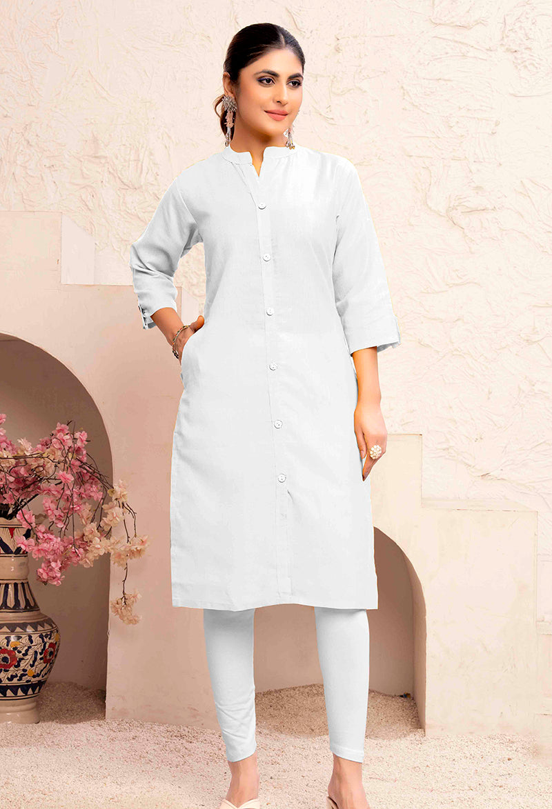 Monjolika Fashion White Color Cotton Casual Kurti With Pocket