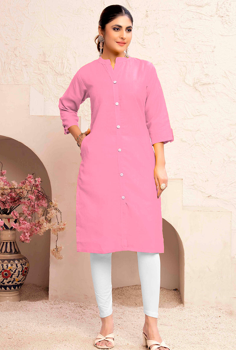 Monjolika Fashion Light Pink Color Cotton Casual Kurti With Pocket