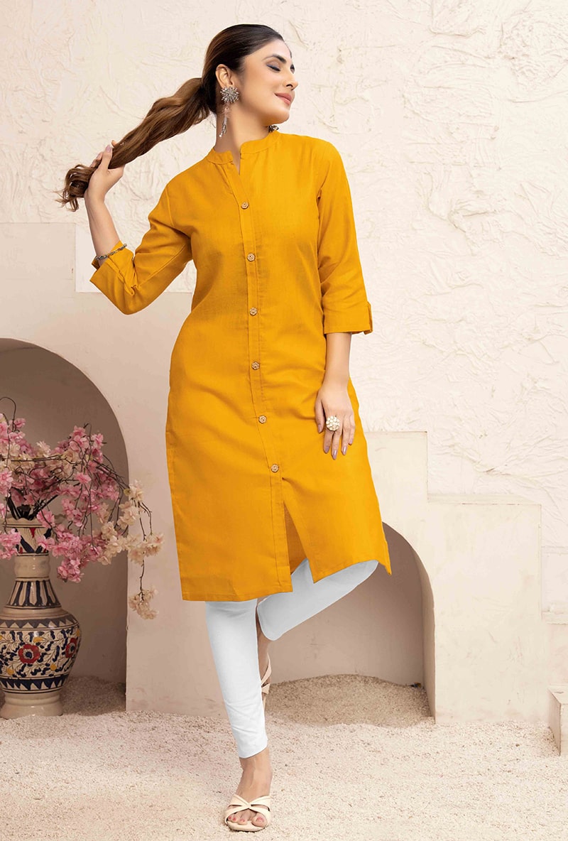 Monjolika Fashion Mustard Yellow Color Cotton Casual Kurti With Pocket