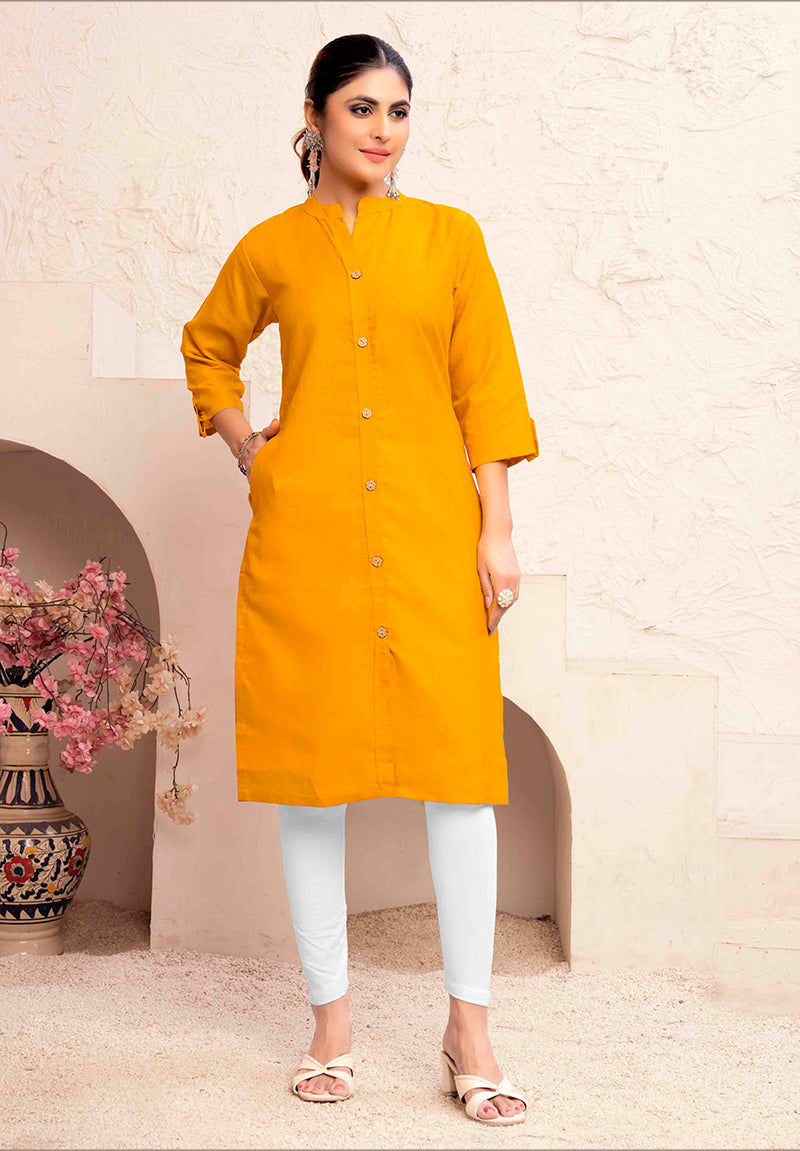 Monjolika Fashion Mustard Yellow Color Cotton Casual Kurti With Pocket