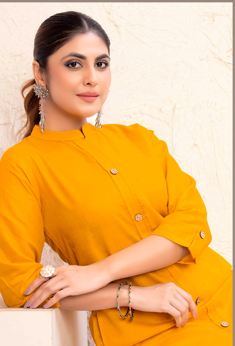 Monjolika Fashion Mustard Yellow Color Cotton Casual Kurti With Pocket
