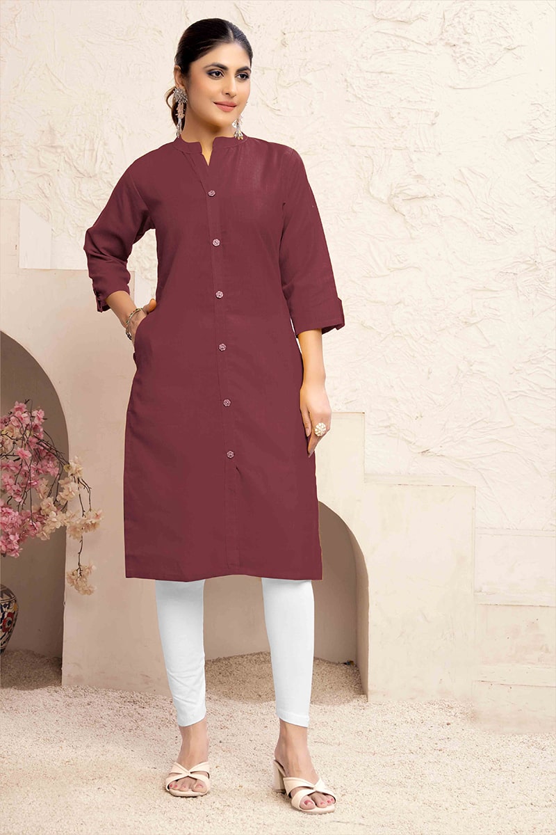 Monjolika Fashion Brown Color Cotton Casual Kurti With Pocket