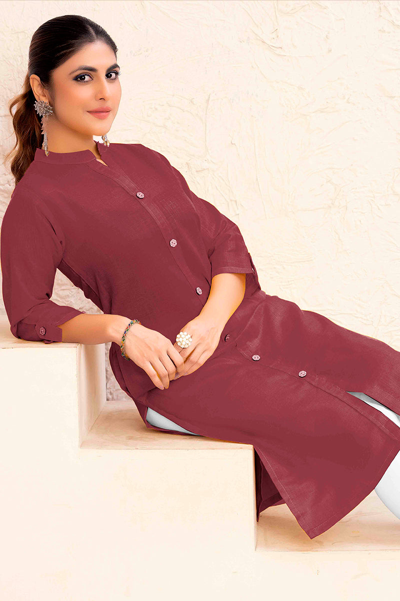 Monjolika Fashion Brown Color Cotton Casual Kurti With Pocket