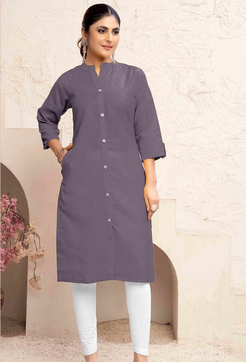 Monjolika Fashion Grey Color Cotton Casual Kurti With Pocket
