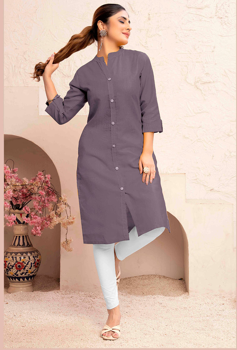 Monjolika Fashion Grey Color Cotton Casual Kurti With Pocket