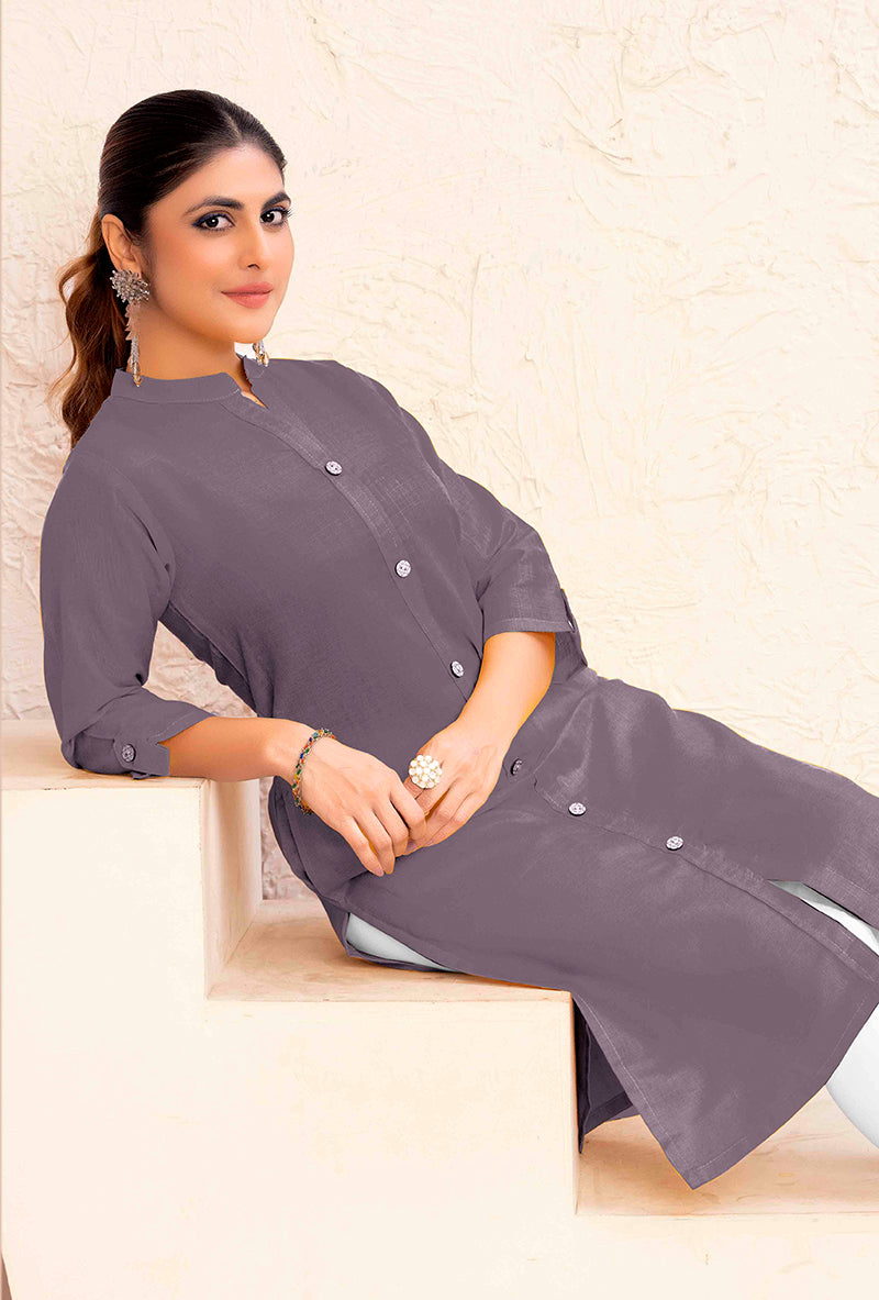 Monjolika Fashion Grey Color Cotton Casual Kurti With Pocket