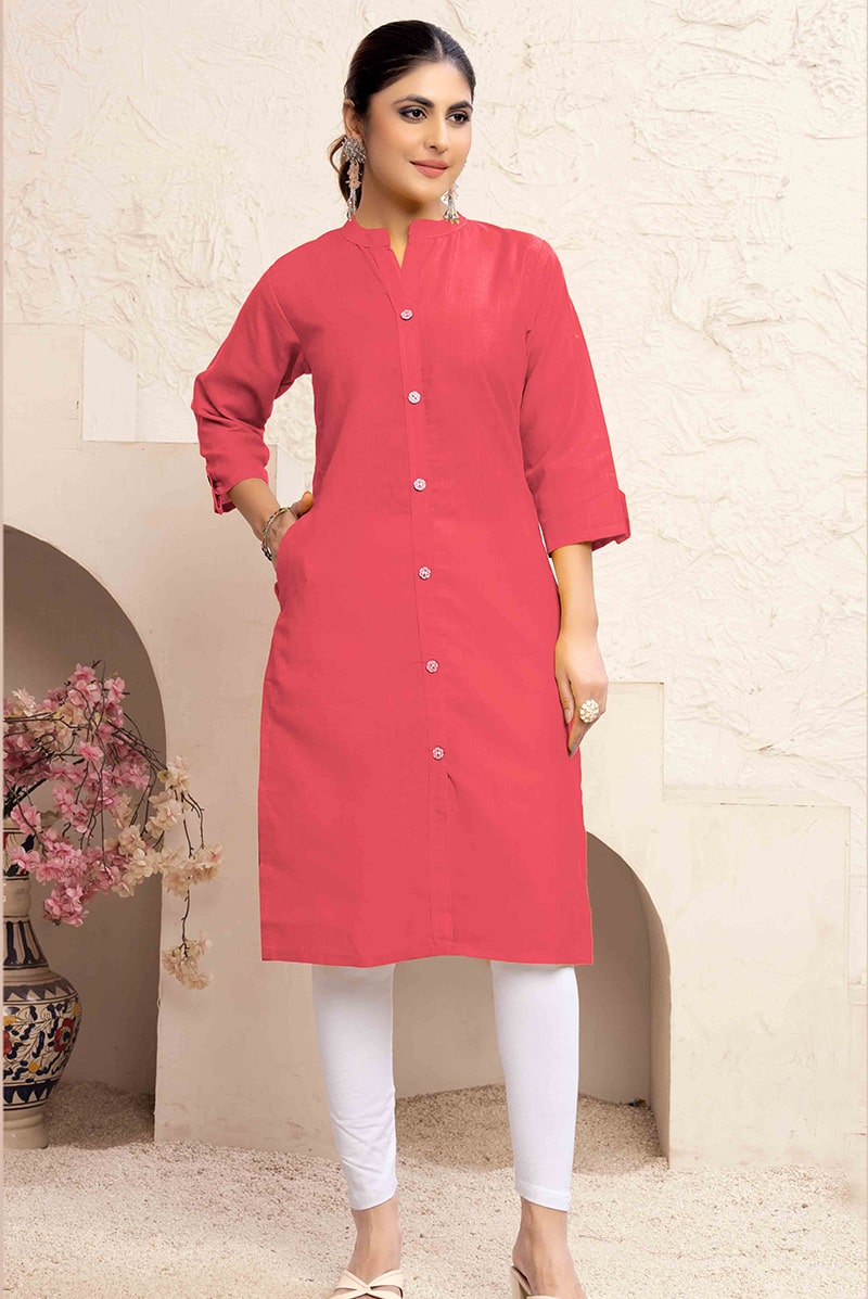 Monjolika Fashion Dark Peach Color Cotton Casual Kurti With Pocket