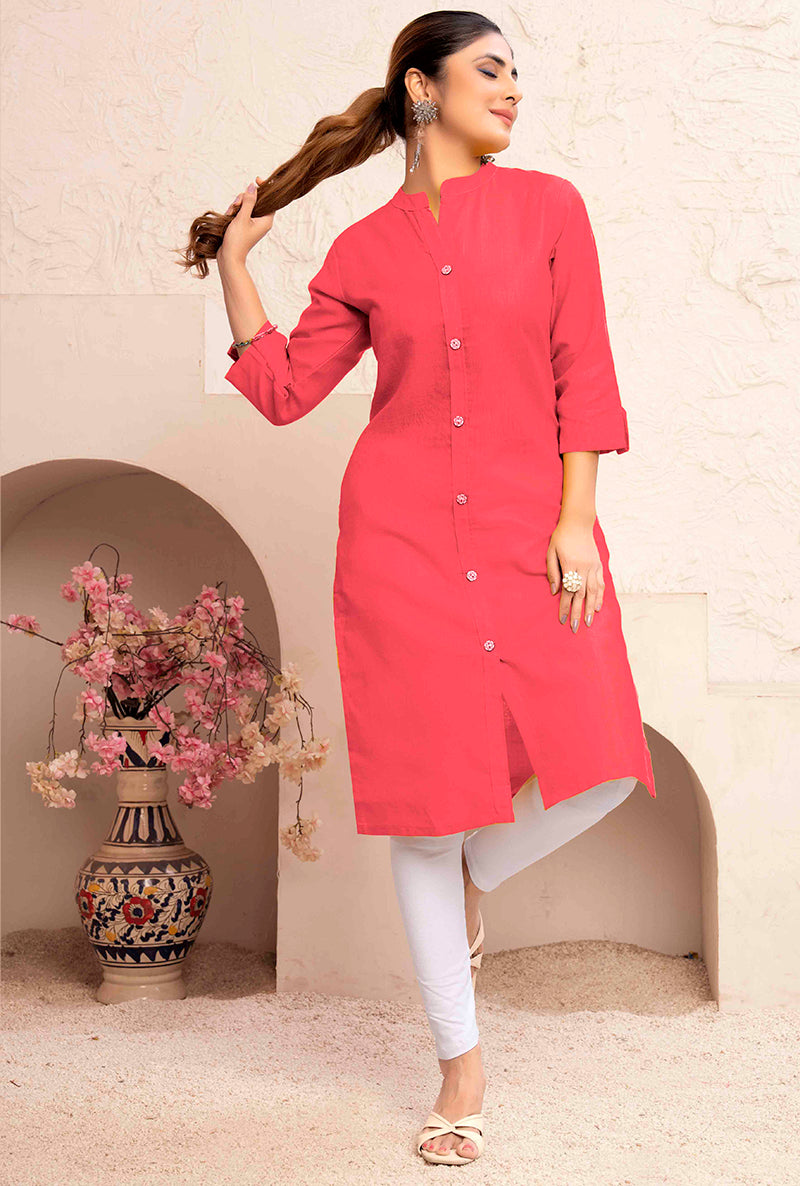 Monjolika Fashion Dark Peach Color Cotton Casual Kurti With Pocket