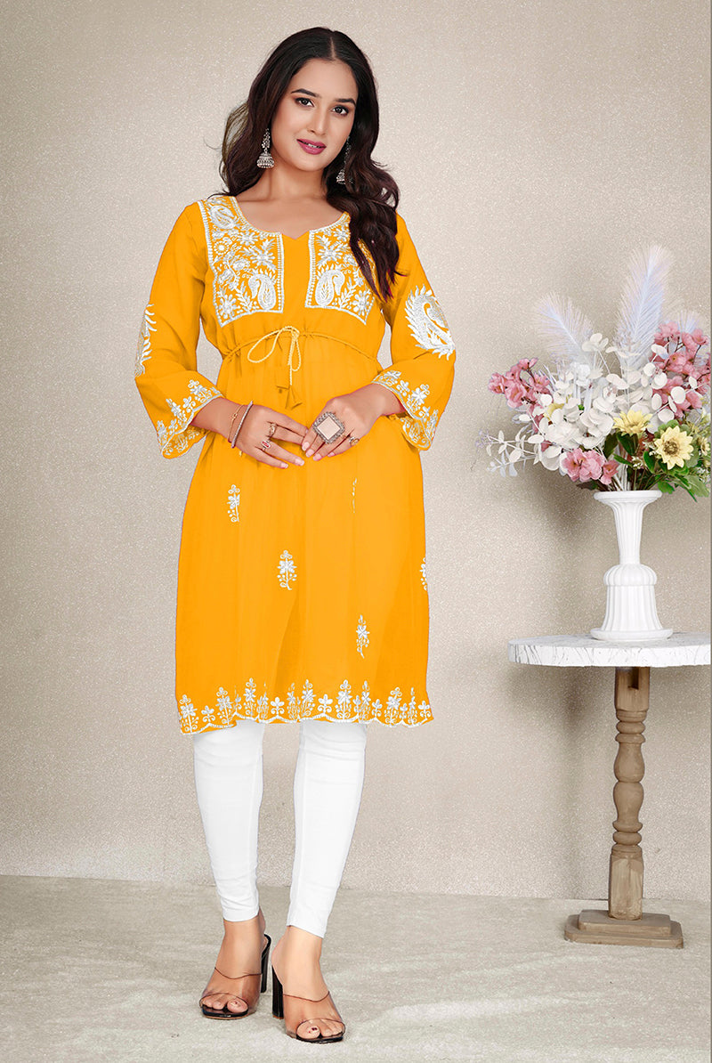 Monjolika Fashion Mustard Yellow Colour Embroidered Georgette Casual Kurti