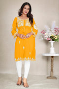 Monjolika Fashion Mustard Yellow Colour Embroidered Georgette Casual Kurti
