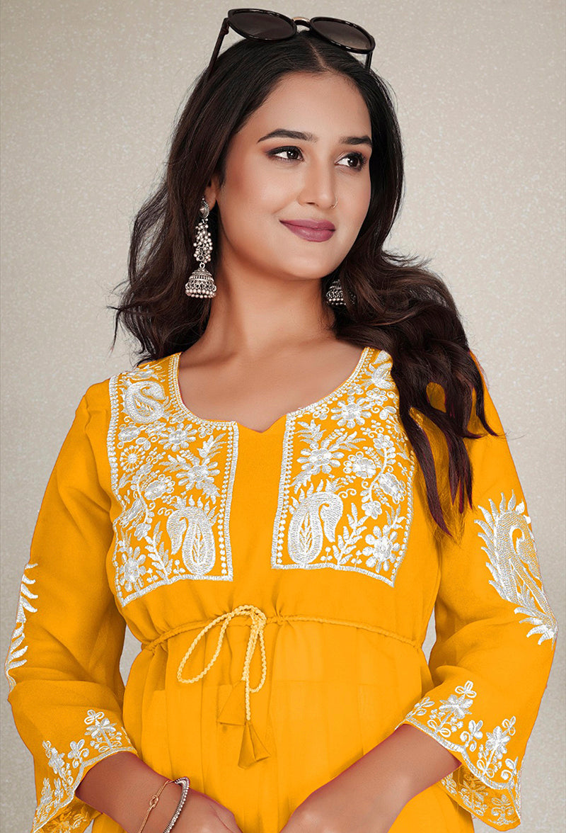 Monjolika Fashion Mustard Yellow Colour Embroidered Georgette Casual Kurti