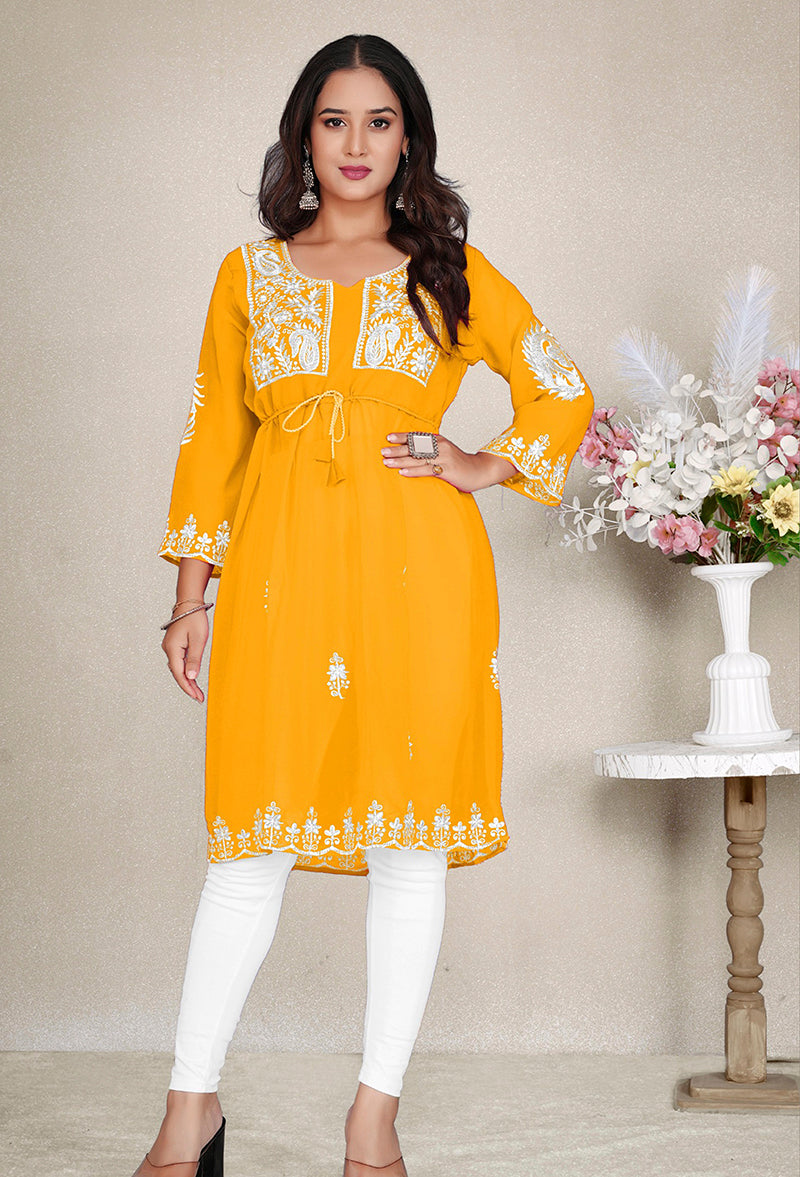 Monjolika Fashion Mustard Yellow Colour Embroidered Georgette Casual Kurti