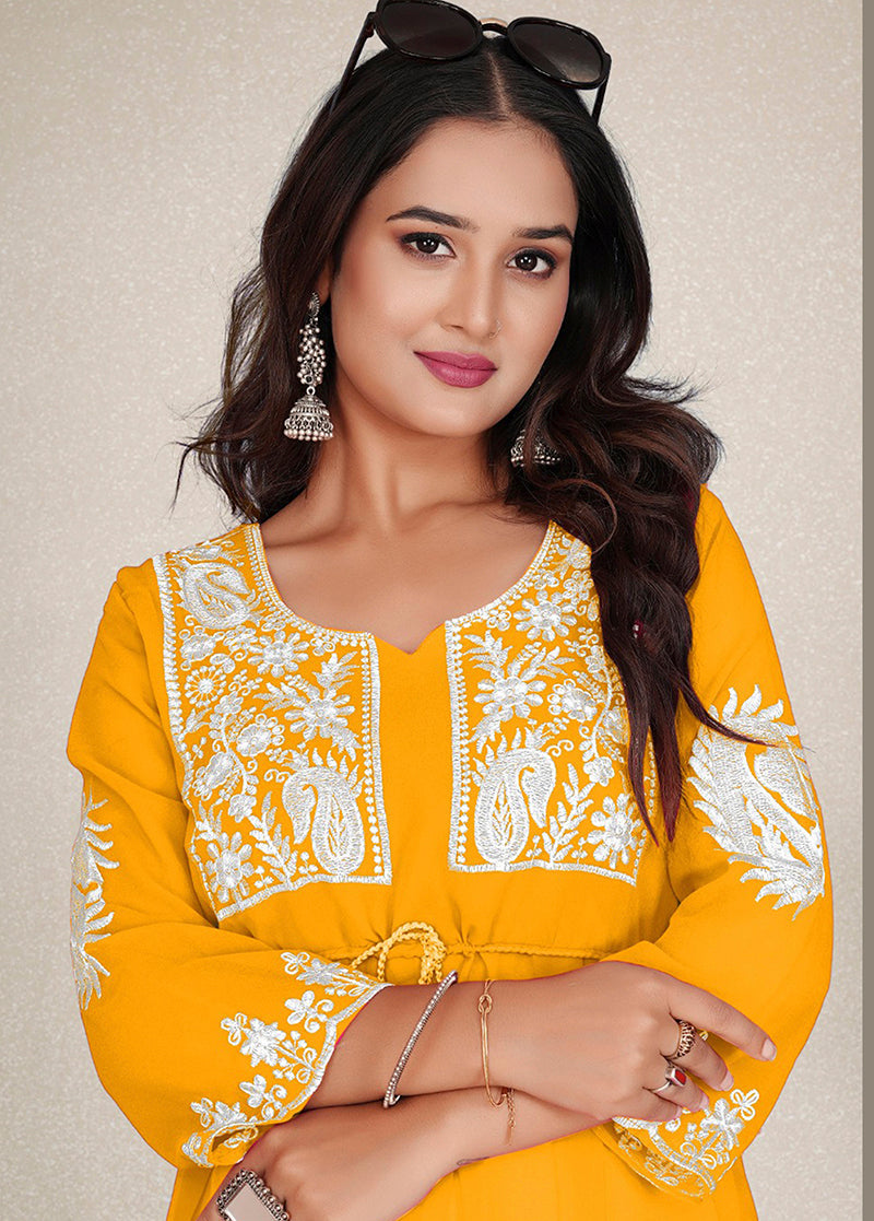 Monjolika Fashion Mustard Yellow Colour Embroidered Georgette Casual Kurti