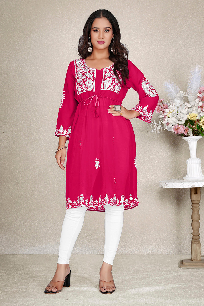 Monjolika Fashion Rani Pink Colour Embroidered Georgette Casual Kurti