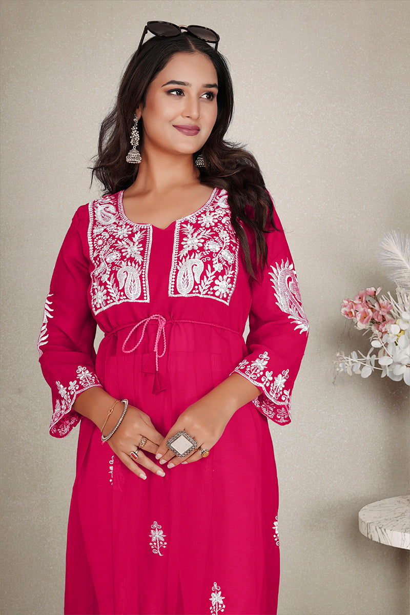 Monjolika Fashion Rani Pink Colour Embroidered Georgette Casual Kurti