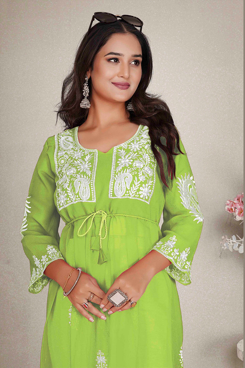 Monjolika Fashion Parrot Green Colour Embroidered Georgette Casual Kurti