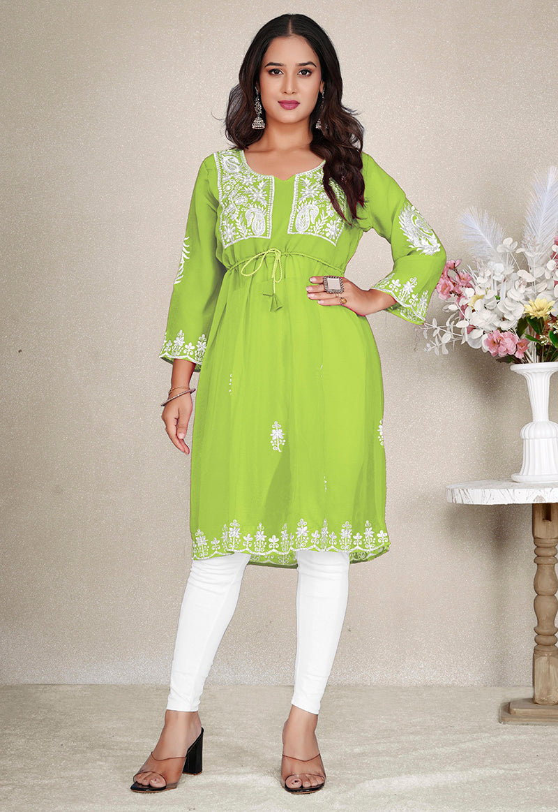 Monjolika Fashion Parrot Green Colour Embroidered Georgette Casual Kurti