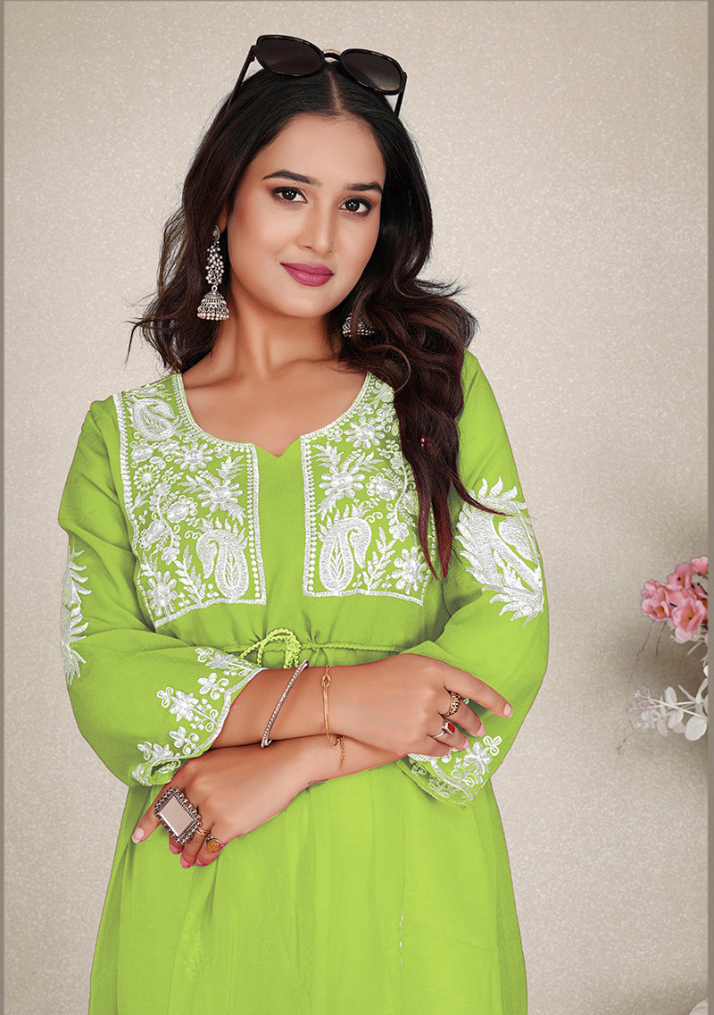 Monjolika Fashion Parrot Green Colour Embroidered Georgette Casual Kurti