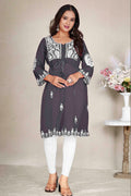 Monjolika Fashion Dark Grey Colour Embroidered Georgette Casual Kurti