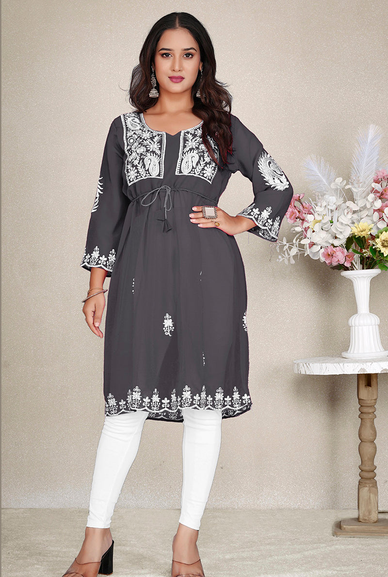 Monjolika Fashion Dark Grey Colour Embroidered Georgette Casual Kurti