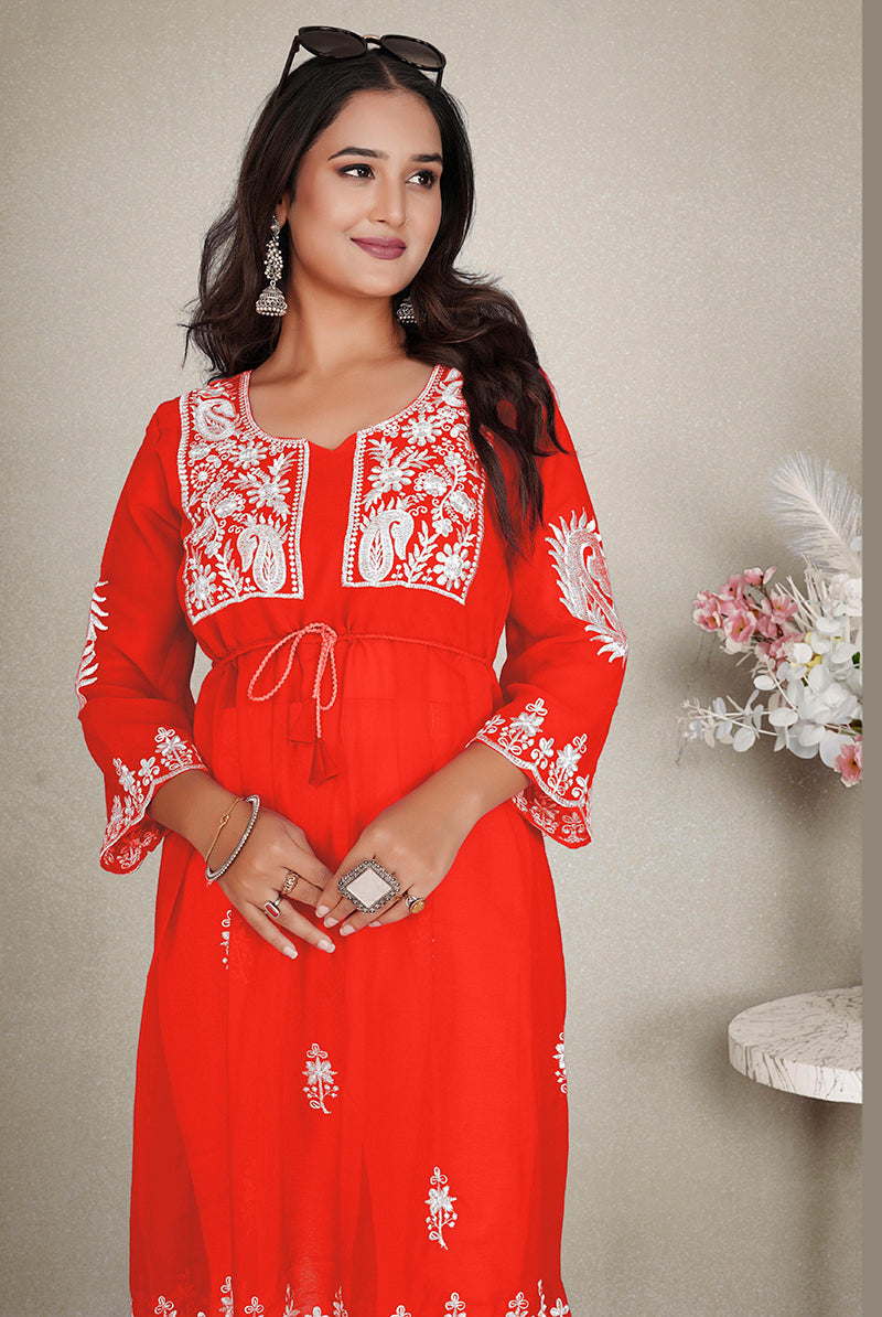 Monjolika Fashion Orange Colour Embroidered Georgette Casual Kurti