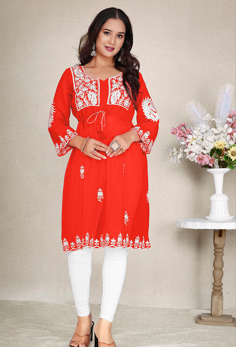 Monjolika Fashion Orange Colour Embroidered Georgette Casual Kurti