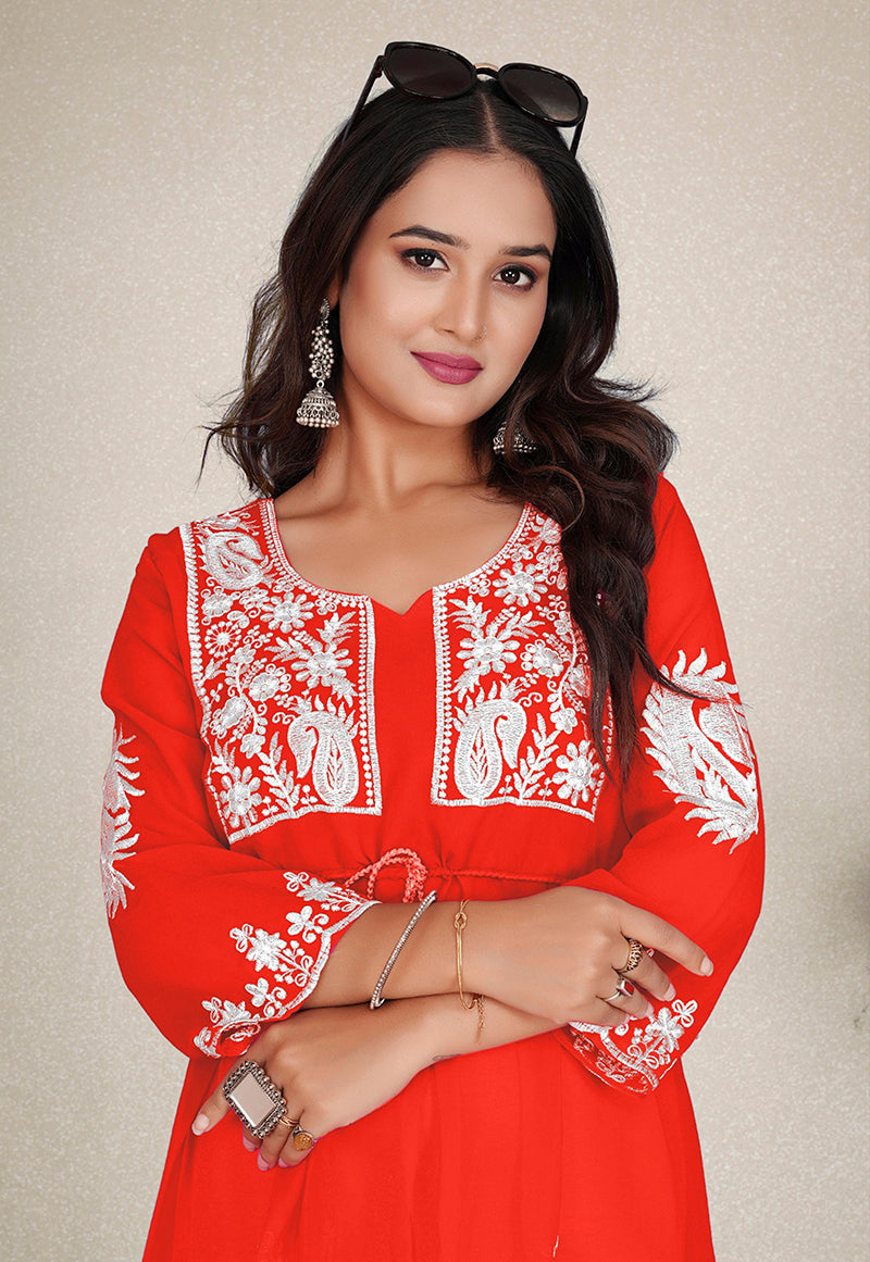 Monjolika Fashion Orange Colour Embroidered Georgette Casual Kurti