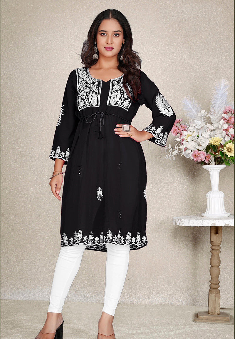 Monjolika Fashion Black Colour Embroidered Georgette Casual Kurti