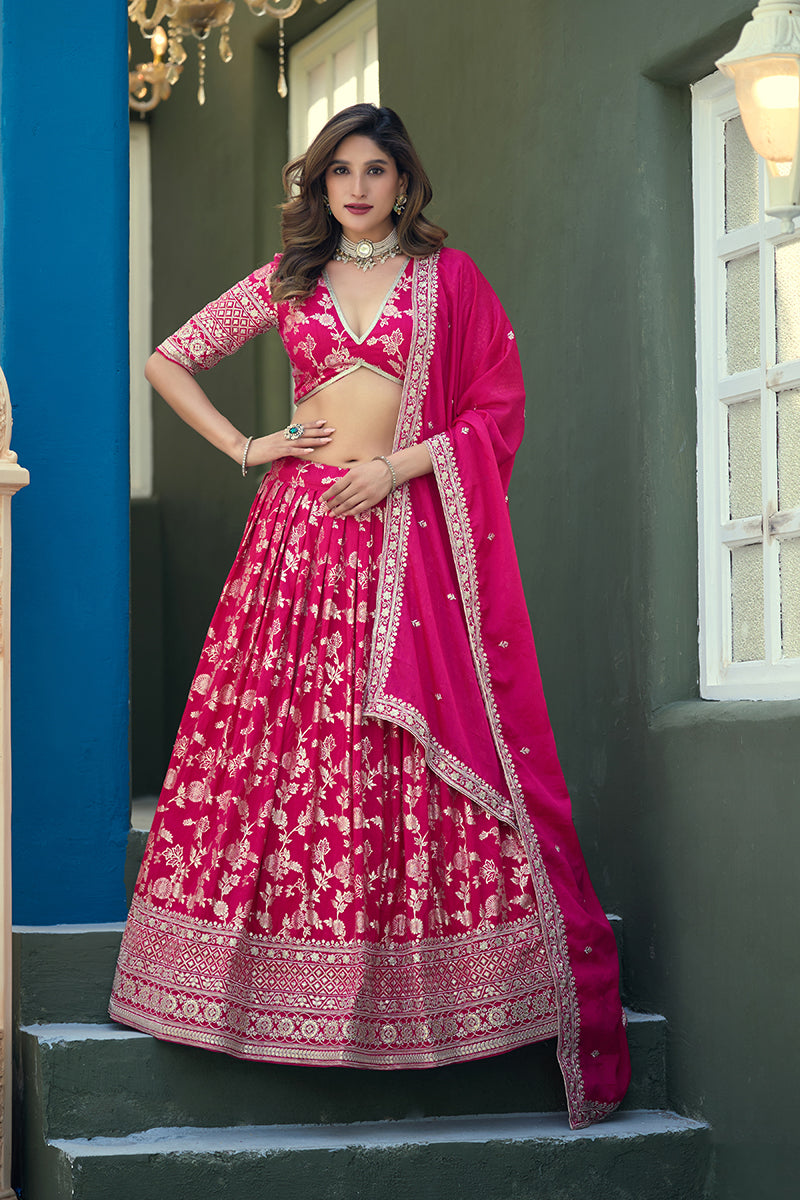 Monjolika Fashion Rani Pink Embroidered Dola Silk Jacquard Designer Long Lehenga Choli