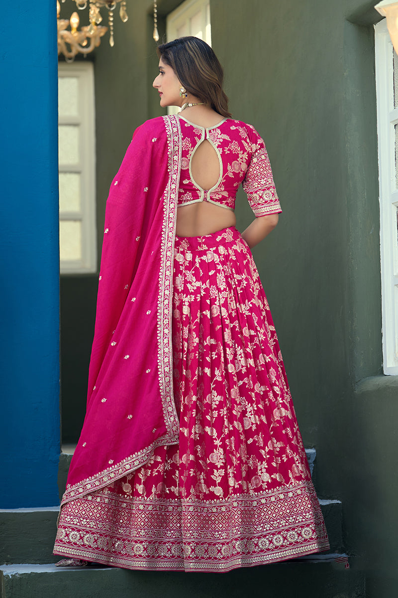 Monjolika Fashion Rani Pink Embroidered Dola Silk Jacquard Designer Long Lehenga Choli
