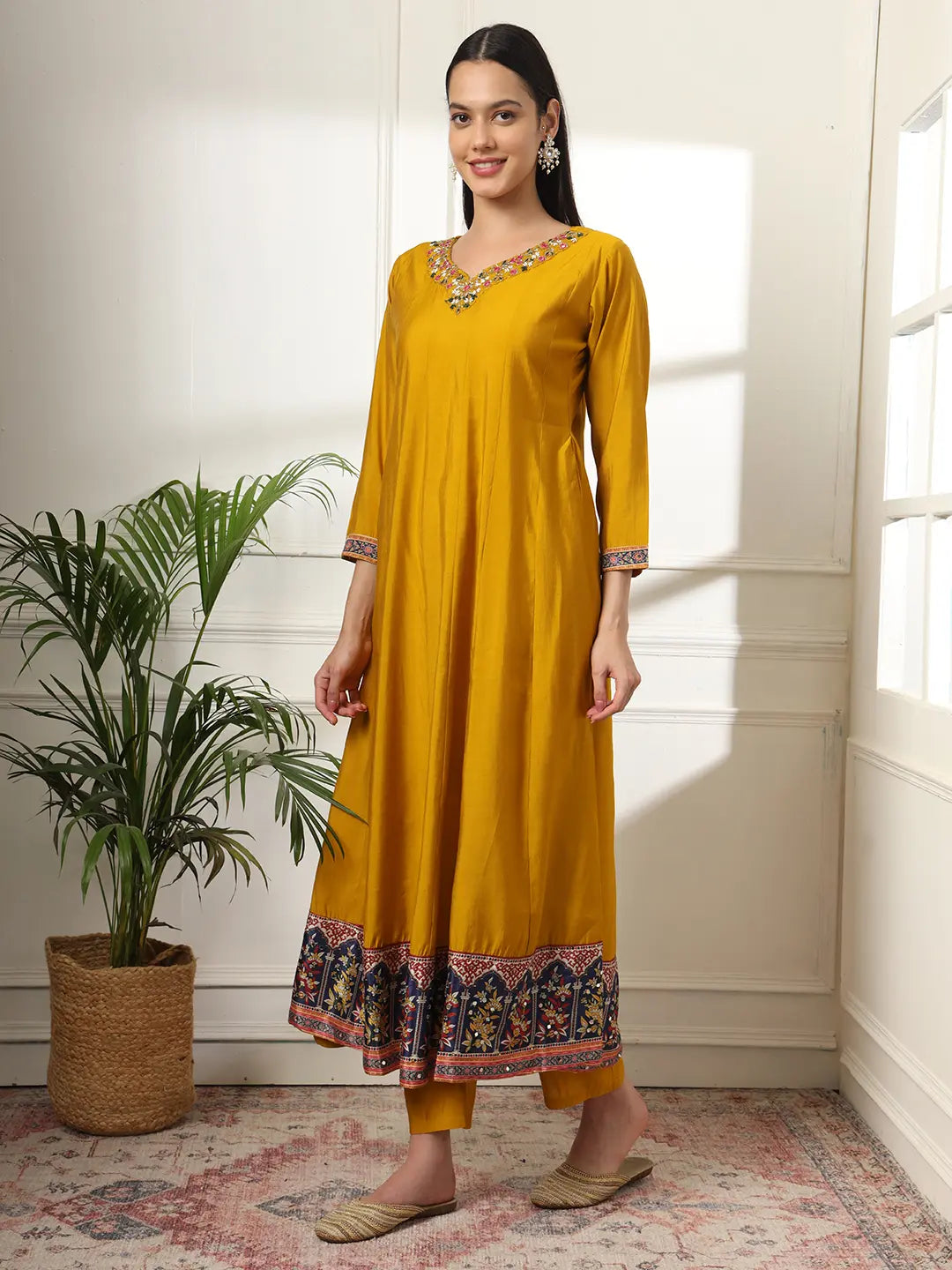 Yufta Mustard Anarkali Silk Blend Kurta Dupatta Set