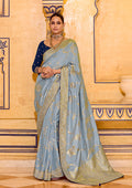 Monjolika Fashion Light Blue Faux Crepe Silk with beautiful Zari Weaving Work Classic Saree