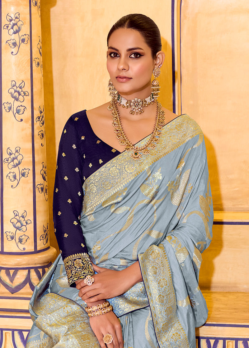 Monjolika Fashion Light Blue Faux Crepe Silk with beautiful Zari Weaving Work Classic Saree