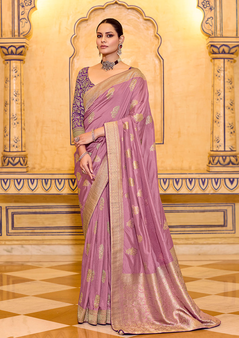 Monjolika Fashion Onion Pink Faux Crepe Silk with beautiful Zari Weaving Work Classic Saree