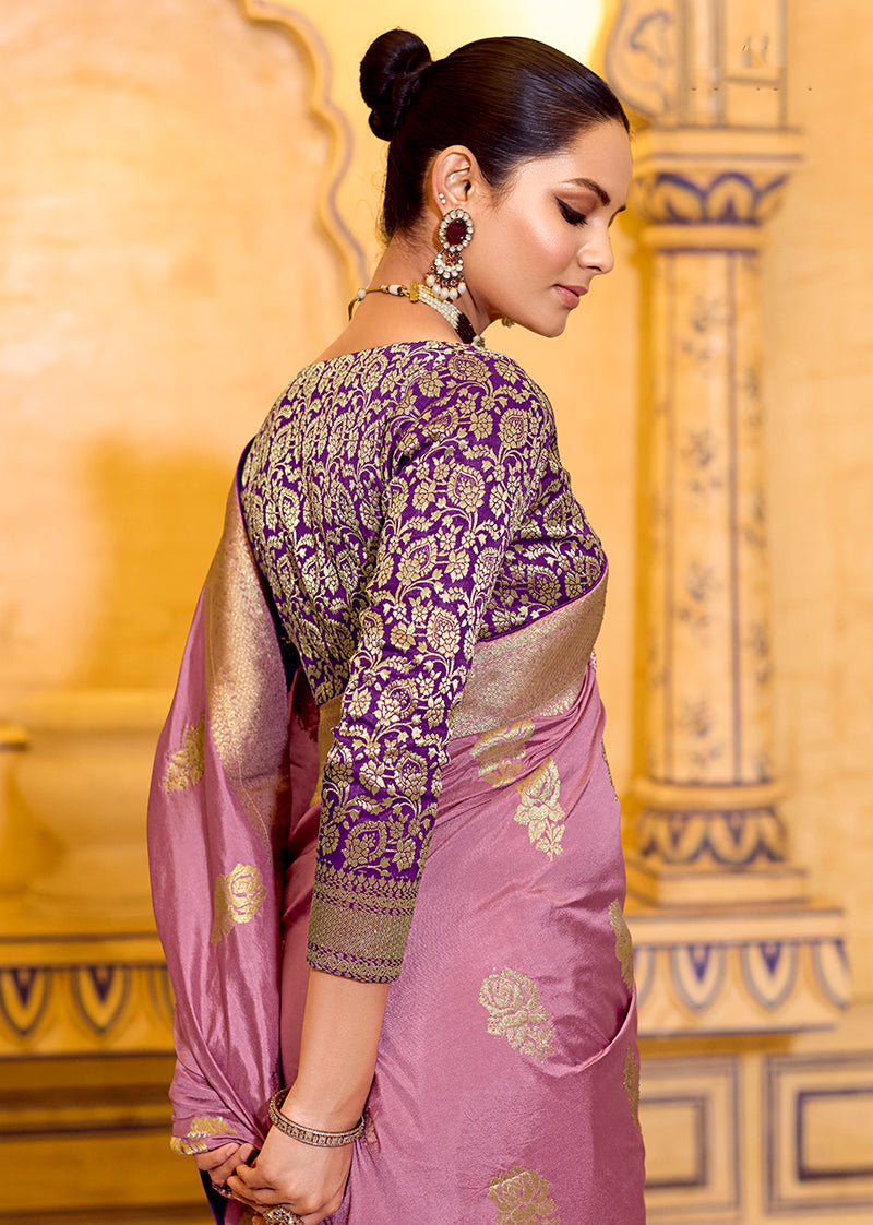 Monjolika Fashion Onion Pink Faux Crepe Silk with beautiful Zari Weaving Work Classic Saree