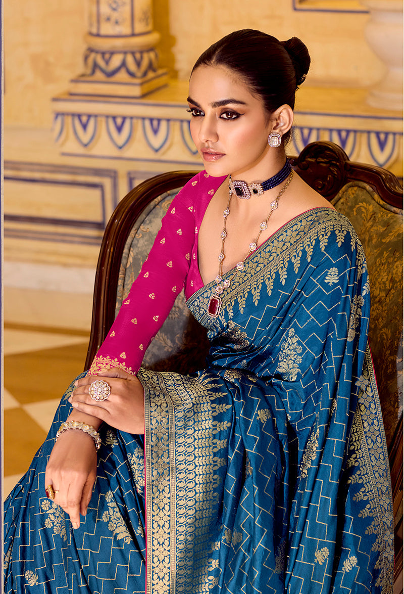 Monjolika Fashion Teal Blue Faux Crepe Silk with beautiful Zari Weaving Work Classic Saree