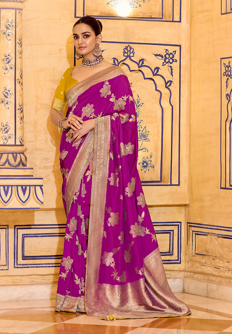 Monjolika Fashion Magenta Faux Crepe Silk with beautiful Zari Weaving Work Classic Saree